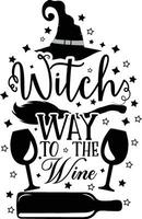 Witch way to the Wine. Funny Halloween text with witch hat and broom. Good for t shirt print, poster, card, party decoration and gift design. Illustration isolated on white background. vector