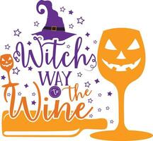 Witch way to the Wine. Funny Halloween text with witch hat and broom. Good for t shirt print, poster, card, party decoration and gift design. Illustration isolated on white background. vector