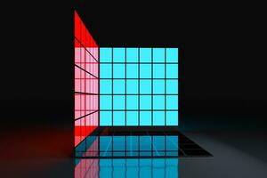 Neon and glass squares with dark background,3d rendering. photo