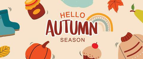 Hello autumn with element and leaves background. Autumn october hand drawn template design. vector