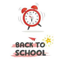 Alarm clock and Back to school text vector. Alarm clock clip art. Education concept. School background, Back to School lettering. design element. Flat vector in cartoon style