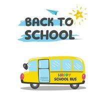 School bus and Back to school text vector. School bus clip art. Education concept. Back to School lettering. design element. Flat vector in cartoon style