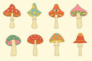 Groovy Hippie Mushroom Set. Psychedelic hallucinogenic fantasy mushrooms. Linear color vector illustration.