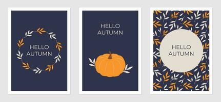 Hello Autumn vintage posters set. Vector illustration of autumn leaves and pumpkin. Fall background with plant elements. Text design.