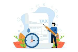 concept of tax time reminder, income tax planning, government payment date or financial return, income schedule or calculation, businessman holding pencil with tax paper document and clock. vector