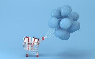 Balloons and presents with blue background, 3d rendering. photo