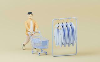 A man pushes an empty shopping cart to buy clothes, 3d rendering. photo