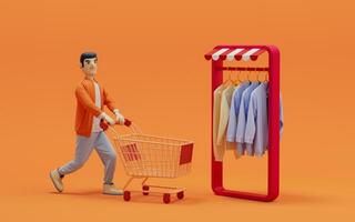 un hombre comprar ropa en línea, 3d representación. foto