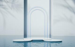 Round stage with water surface background, 3d rendering. photo