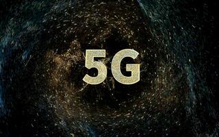 5g fuente con universo fondo, 3d representación. foto