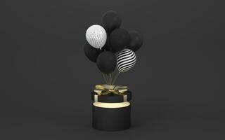 Balloons and presents with black background, 3d rendering. photo