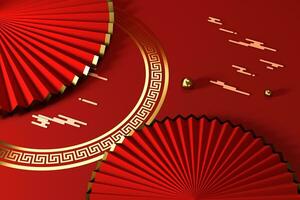 Red Chinese style fan, traditional decoration, 3d rendering. photo