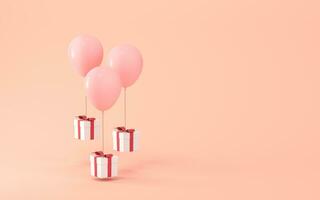 Balloons and presents with pink background, 3d rendering. photo