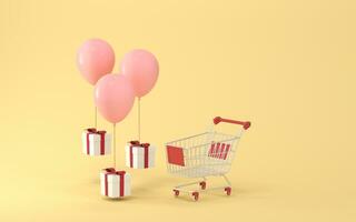 Balloons and presents with yellow background, 3d rendering. photo