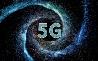 5g fuente con universo fondo, 3d representación. foto