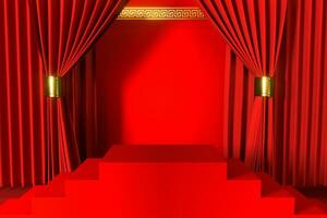 Red Chinese style background, empty step showcase, 3d rendering. photo