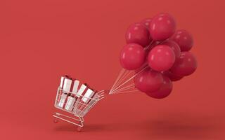 Balloons and presents with red background, 3d rendering. photo