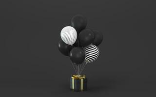 globos y regalos con negro fondo, 3d representación. foto