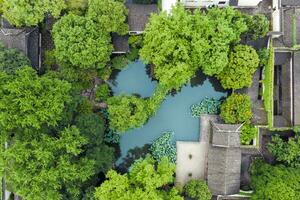 Aerial of Ancient traditional garden, Suzhou garden, in China. photo