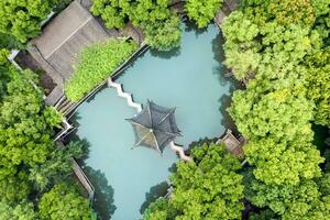 Aerial of Ancient traditional garden, Suzhou garden, in China. photo