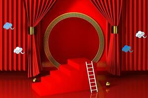 Red Chinese style background, empty step showcase, 3d rendering. photo