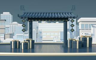 Chinese gate with white model town, translate blessing , 3d rendering. photo