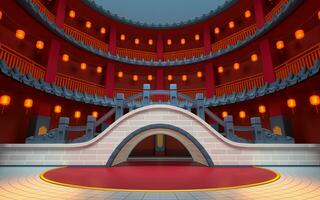 Chinese style bridge with red indoor background, 3d rendering. photo