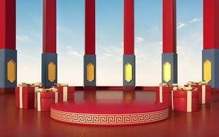 Empty product stage with red background, 3d rendering. photo