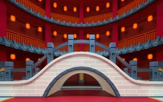 Chinese style bridge with red indoor background, 3d rendering. photo