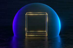 Glowing cube line in the blue bubble, 3d rendering. photo