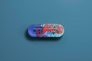 Capsule with particles inside with blue background, 3d rendering. photo