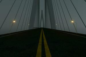 Asphalt road on the suspension bridge at night, 3d rendering. photo