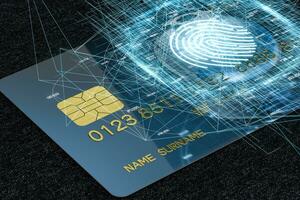 Bank card with fingerprint tech concept glowing lines, 3d rendering photo