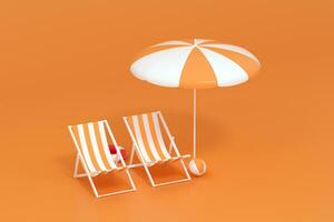 Sunshade, beach chair with orange background, 3d rendering. photo