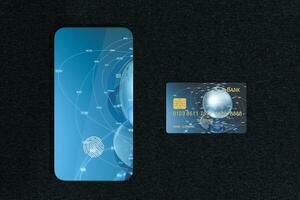 Bank cards and mobile phone with fingerprint identification, 3d rendering photo