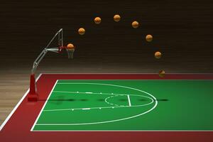 Basketball court with wooden floor, 3d rendering. photo