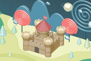 Cartoon castle and candy in the wild, raster illustration. photo