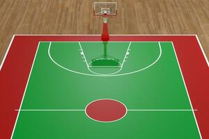 baloncesto Corte con de madera piso, 3d representación. foto