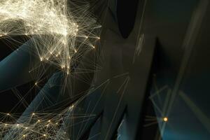 Glowing lines with shiny particles, dark geometry background, 3d rendering. photo