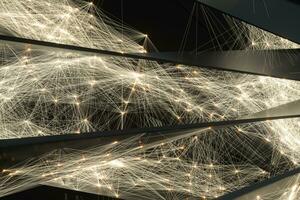 Glowing lines with shiny particles, dark geometry background, 3d rendering. photo