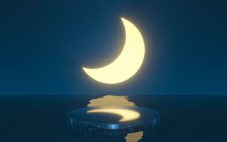 el nuevo Luna con reflexión en el agua, 3d representación. foto