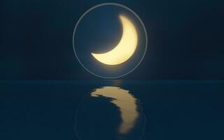 el nuevo Luna con reflexión en el agua, 3d representación. foto