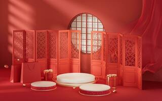 Empty stage with red Chinese style background, 3d rendering. photo