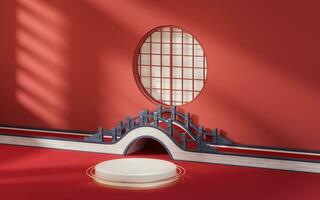Empty stage with red Chinese style background, 3d rendering. photo
