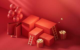 Empty stage with red Chinese style background, 3d rendering. photo