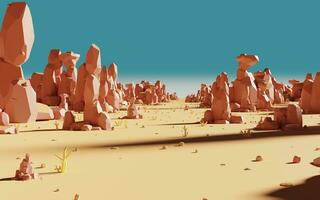 dibujos animados rocas con arena desierto, 3d representación. foto