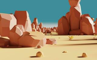 dibujos animados rocas con arena desierto, 3d representación. foto