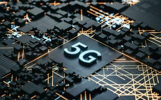 5G communication technology with black background, 3d rendering. photo