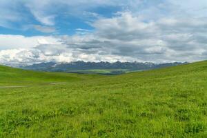 Grassland and mountains in a sunny day. Photo in Kalajun grassland in Xinjiang, China.