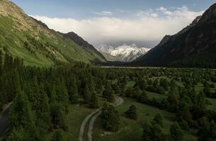 Trees and mountains with white clouds. photo